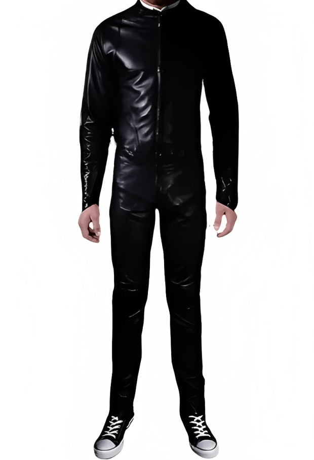 Men’s Slim Fit Leather Biker Jumpsuit in Black