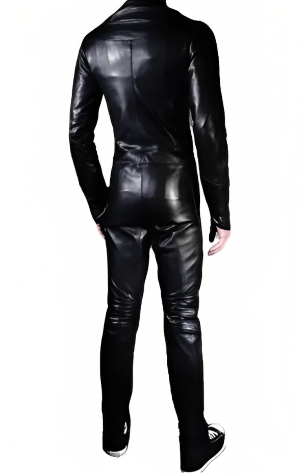 Men’s Slim Fit Leather Biker Jumpsuit in Black