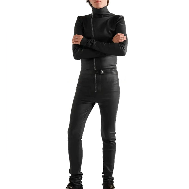 Black Slim Fit Leather Jumpsuit for Men - Stylish & Modern Look