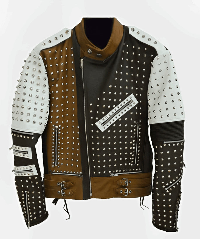 Men’s Brown & White Studded Leather Biker Jacket