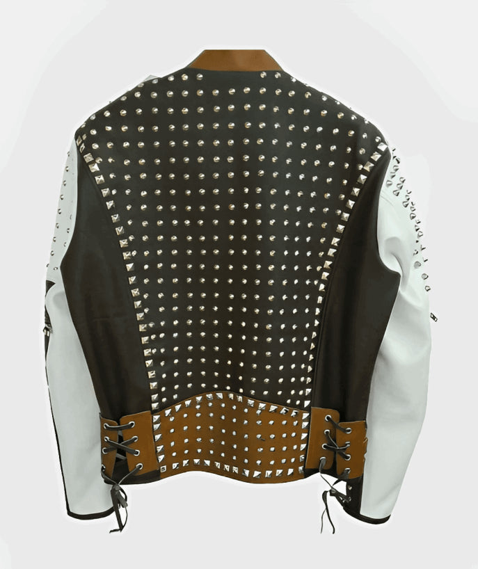 Men’s Brown & White Studded Leather Biker Jacket