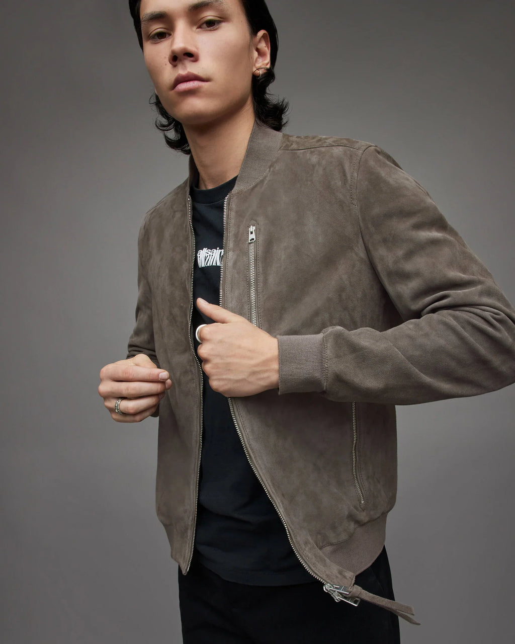 Men’s Gray Suede Leather Bomber Jacket – Classic Lightweight Outerwear for Men