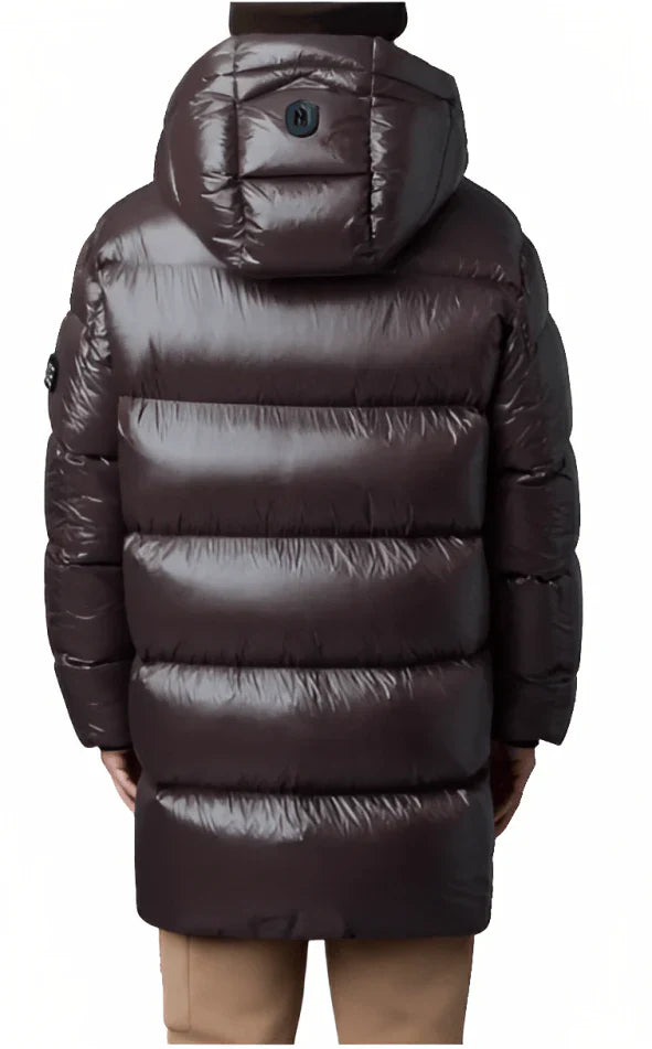Men's Trench Puffer Coat in Chocolate Brown With Removable Hood