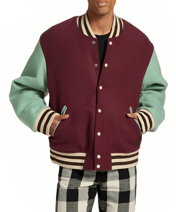 Men’s Wine Red & Sky Blue Varsity Bomber Leather Jacket – Colorblock Street Style