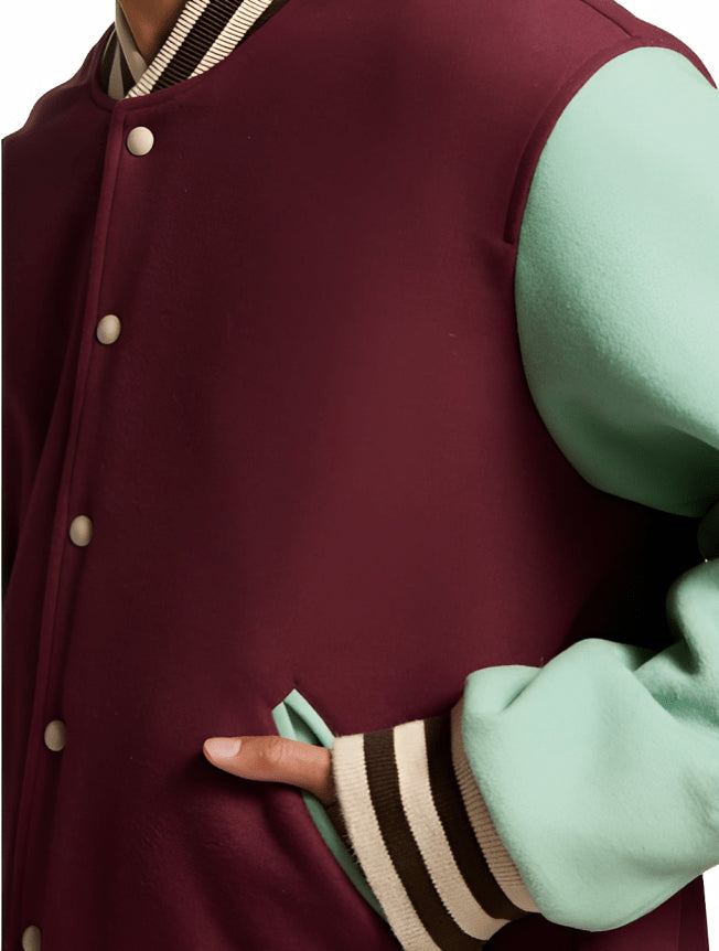 Men’s Wine Red & Sky Blue Varsity Bomber Leather Jacket – Colorblock Street Style