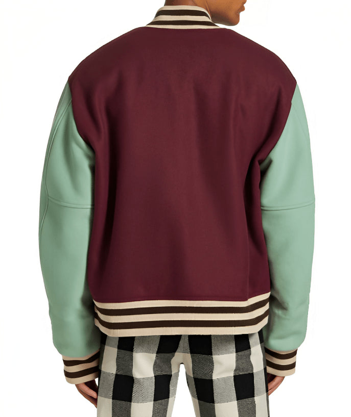 Men’s Wine Red & Sky Blue Varsity Bomber Leather Jacket – Colorblock Street Style