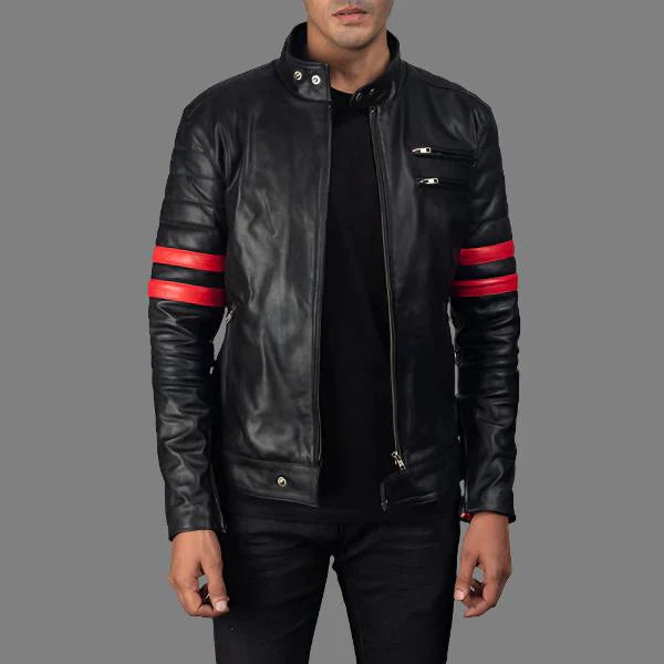 Monza Black & Red Leather Biker Jacket