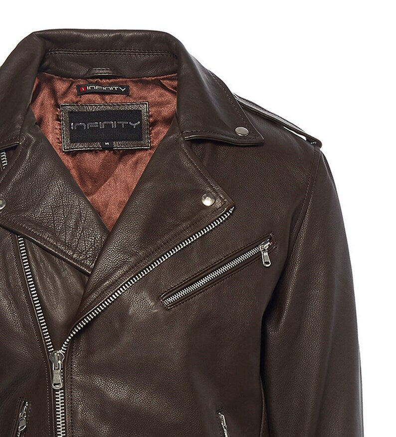 Men’s Handmade Brown Sheepskin Leather Cafe Racer Jacket – Classic Slim Fit Motorcycle Biker Jacket