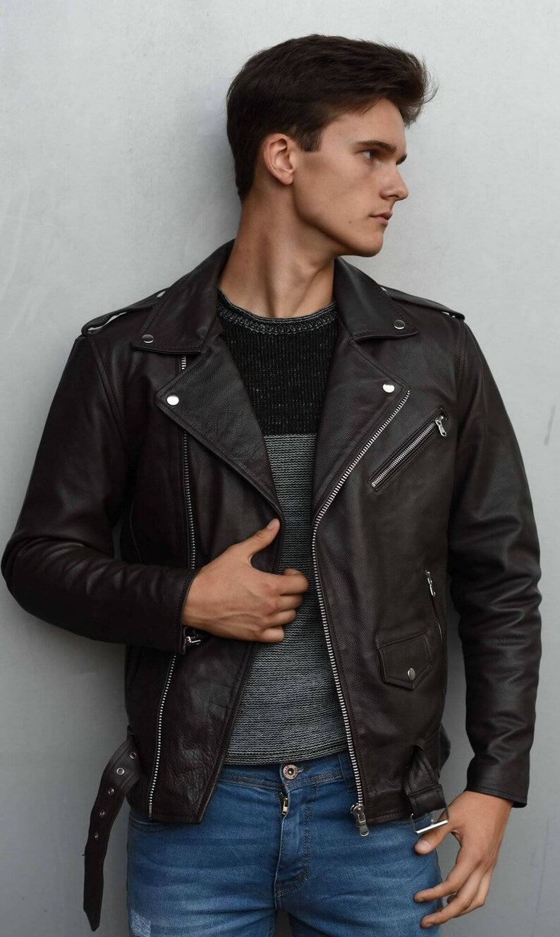 Men’s Handmade Brown Sheepskin Leather Cafe Racer Jacket – Classic Slim Fit Motorcycle Biker Jacket