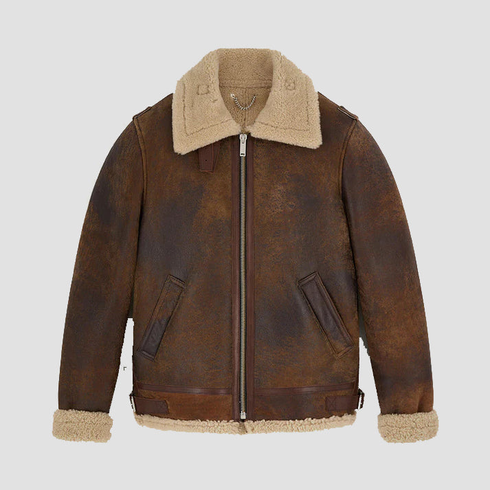 Men’s Brown Distressed Shearling Leather Jacket
