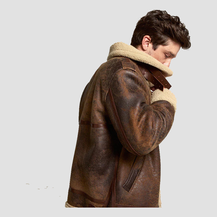 Men’s Brown Distressed Shearling Leather Jacket