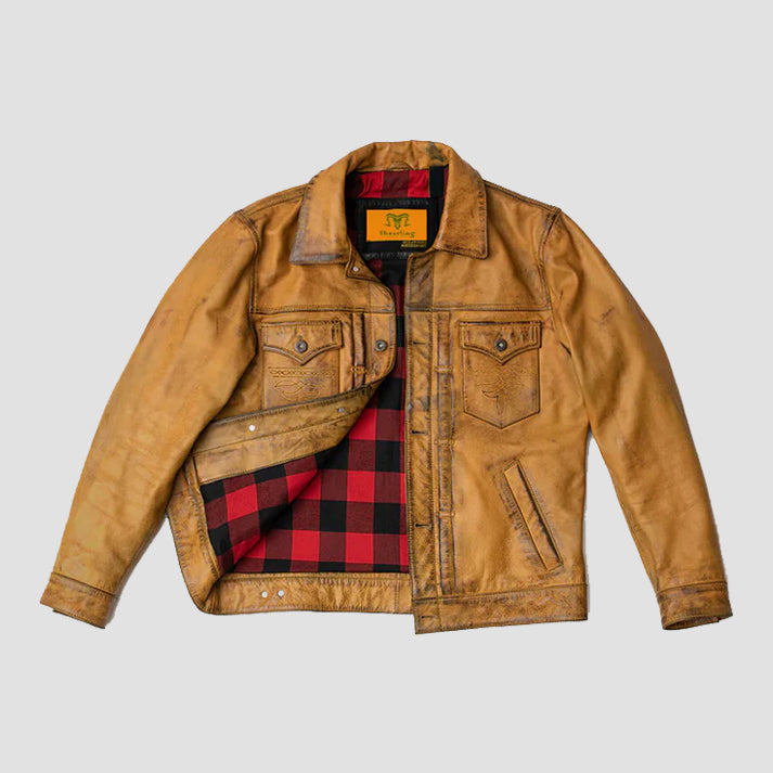 Men’s Brown Distressed Leather Jacket with Four Pockets