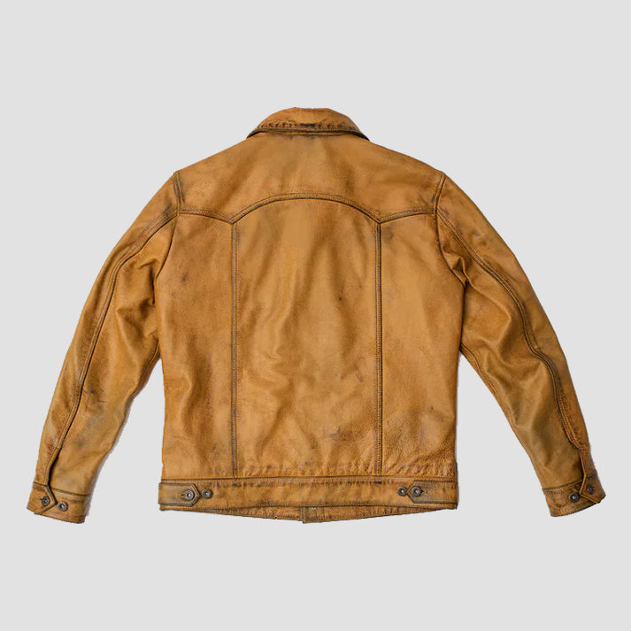 Men’s Brown Distressed Leather Jacket with Four Pockets