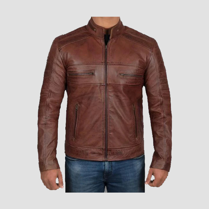Premium Men’s Cognac Brown Distressed Motorcycle Leather Jacket