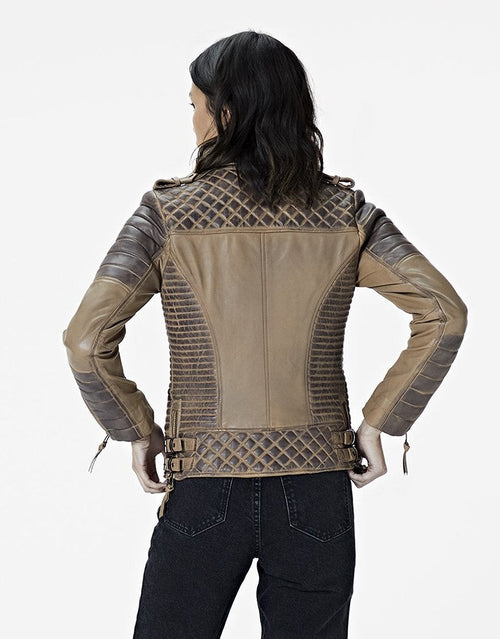 Beige Café Racer Leather Jacket for Women with Gray Quilted Sleeves