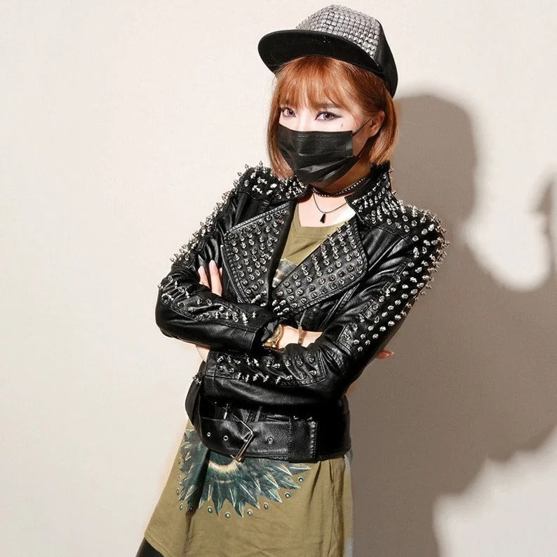 Women’s Black Punk Leather Jacket with Belt & Studs
