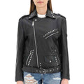 Black Belted Studded Leather Jacket for Women