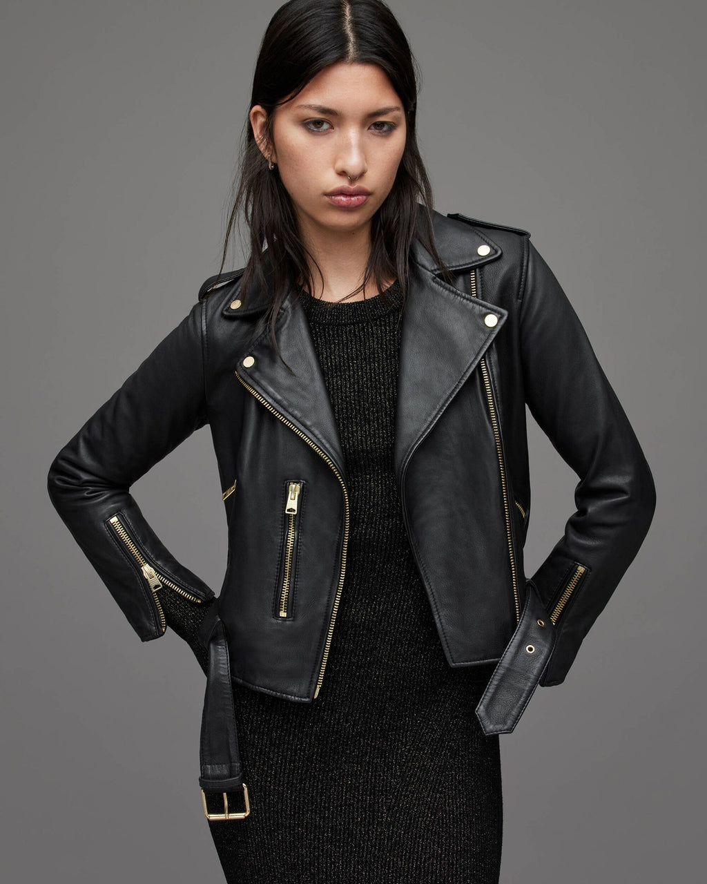 Black Leather Biker Jacket for Women with Gold Tone Zipper