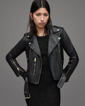 Black Leather Biker Jacket for Women with Gold Tone Zipper