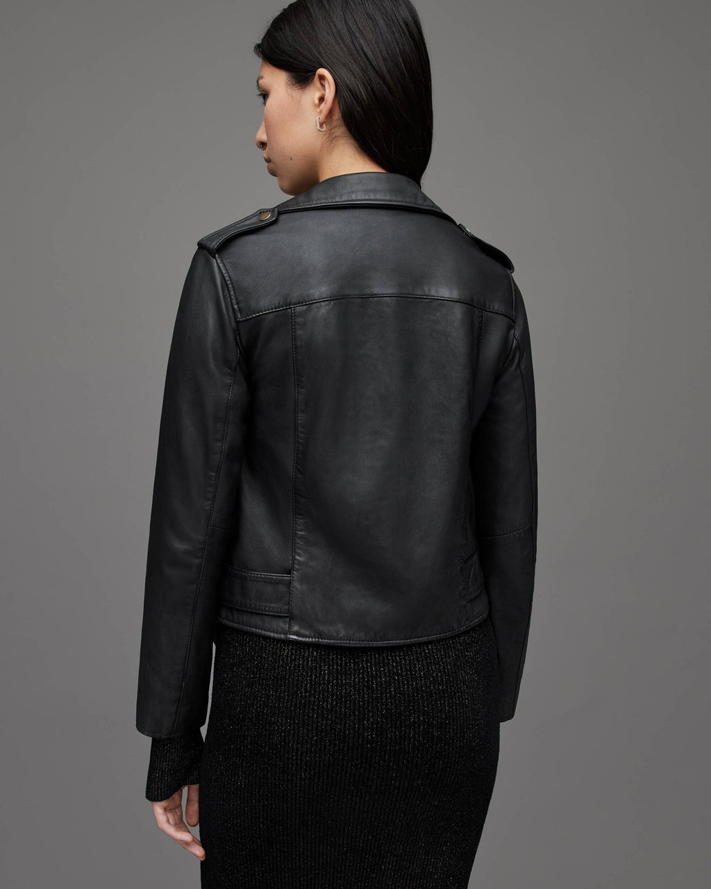 Black Leather Biker Jacket for Women with Gold Tone Zipper