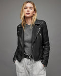 Black Leather Biker Jacket for Women with Quilted Shoulders