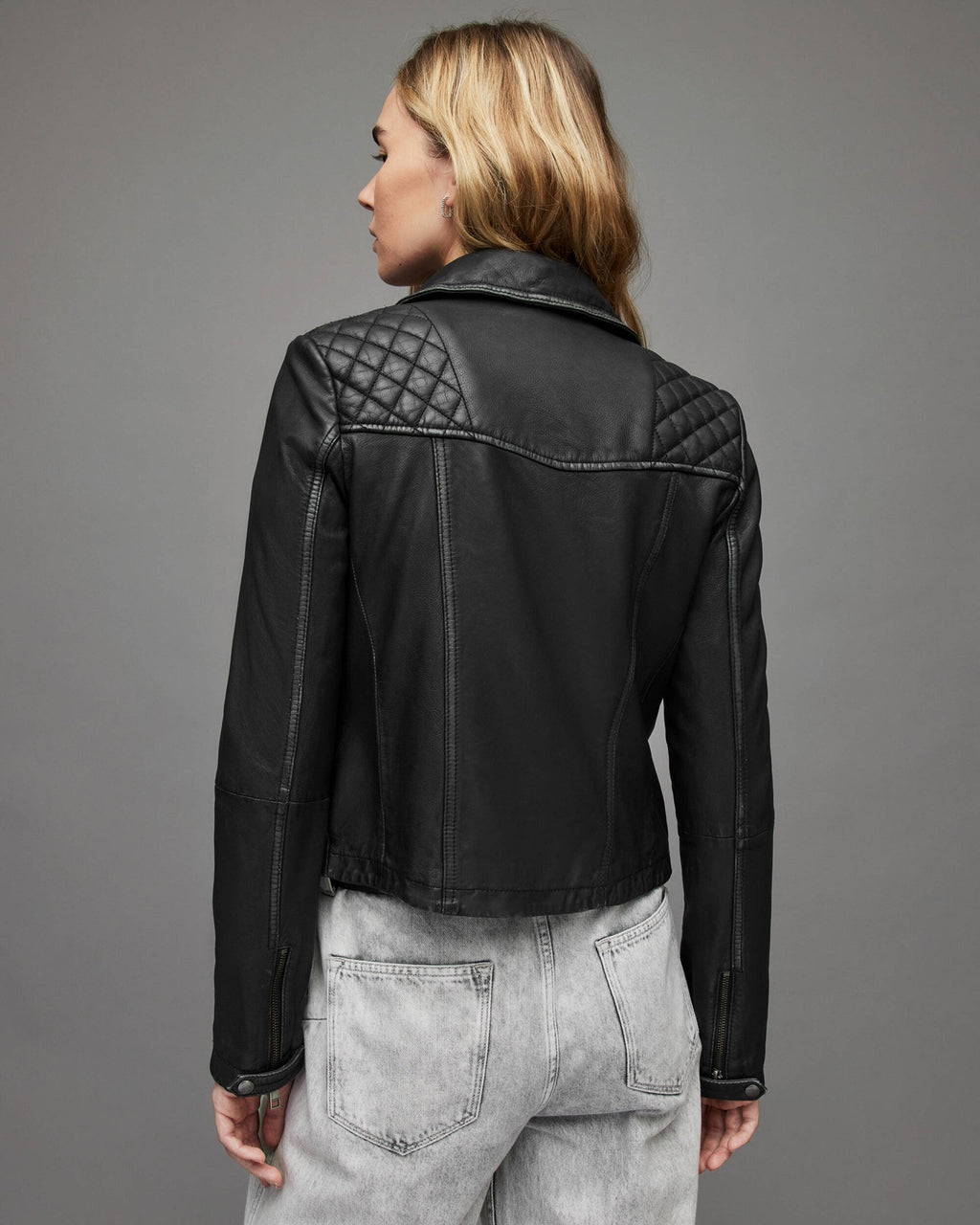 Black Leather Biker Jacket for Women with Quilted Shoulders