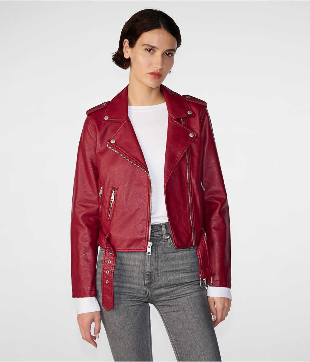 Wine Red Women's Leather Biker Jacket
