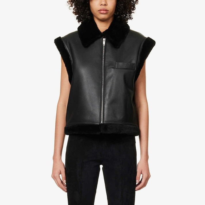 Black Shearling Leather Biker Vest for Women