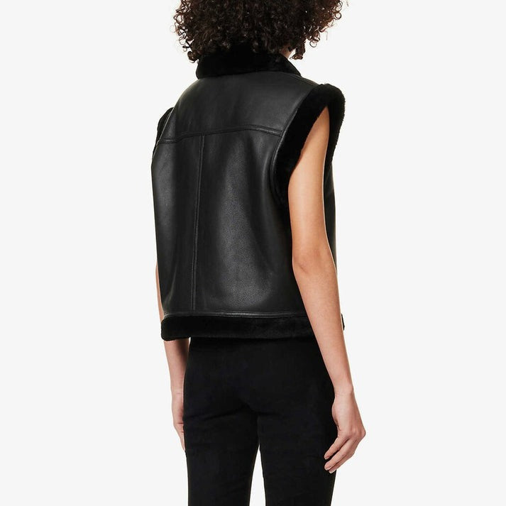 Black Shearling Leather Biker Vest for Women