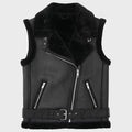 Black Biker Shearling Leather Vest with Belted Waist