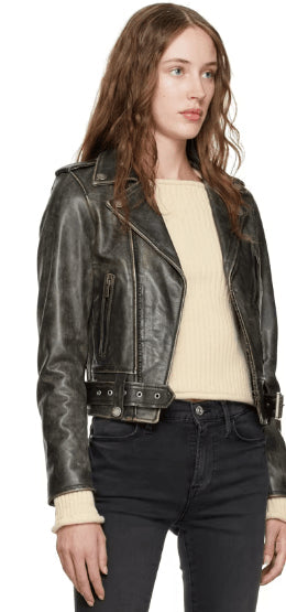 Black Distressed Biker Leather Jacket for Women
