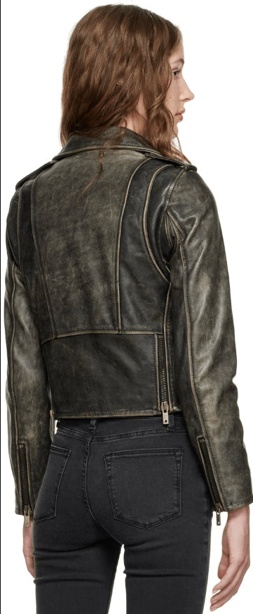 Black Distressed Biker Leather Jacket for Women