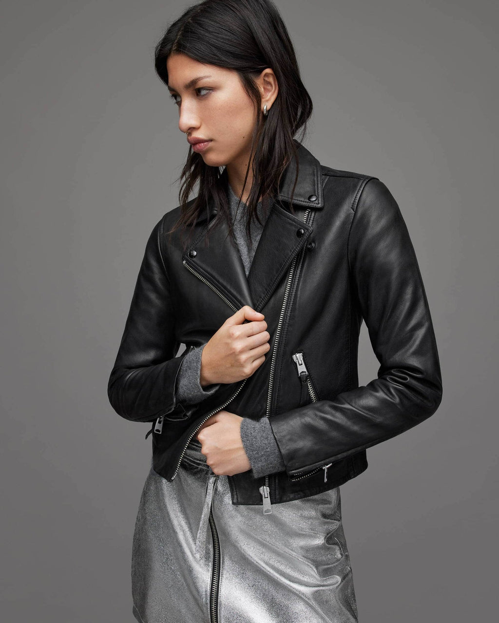 Classic Black Women's Leather Biker Jacket with Belt