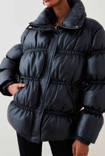 Women's Black Leather Puffer Jacket with Quilted Design