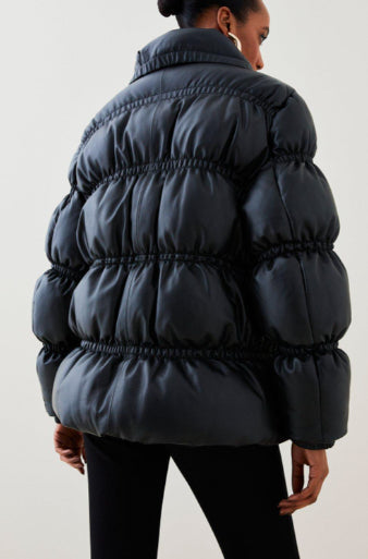 Women's Black Leather Puffer Jacket with Quilted Design