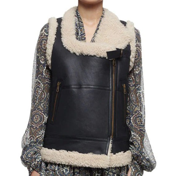 Women's Black Shearling Biker Leather Vest