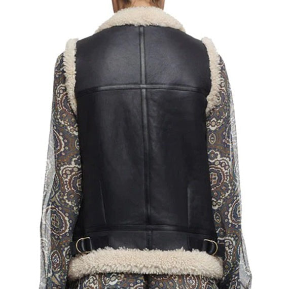 Women's Black Shearling Biker Leather Vest