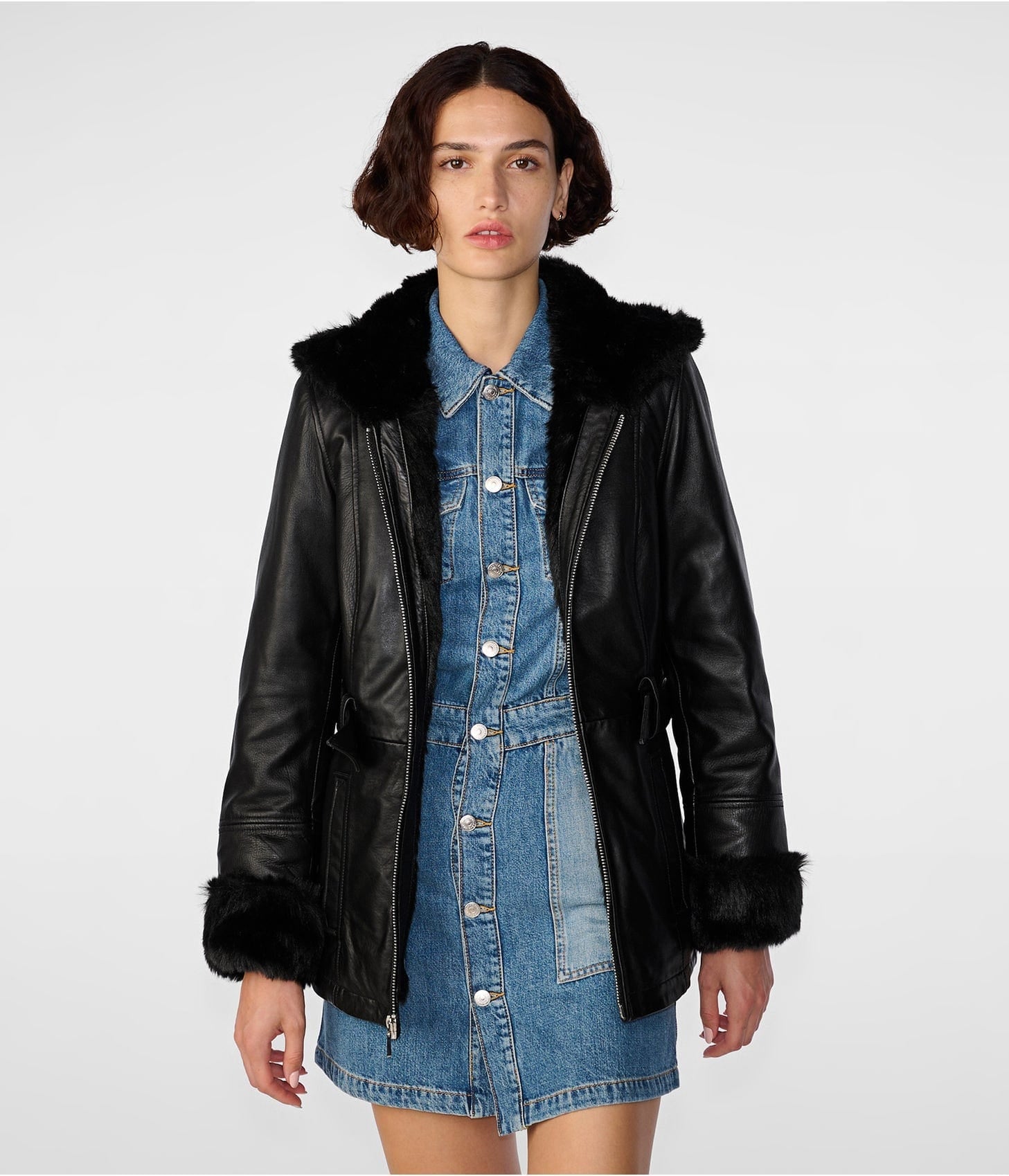 Women's Black Shearling Leather Bomber Jacket