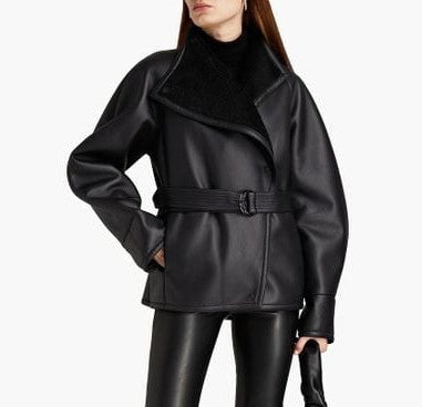 Women's Black Shearling Leather Jacket with Belted Waist