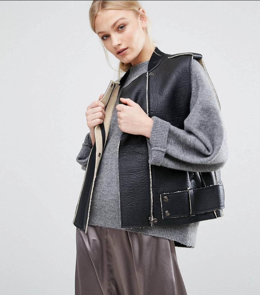 Black Shearling Leather Vest for Women