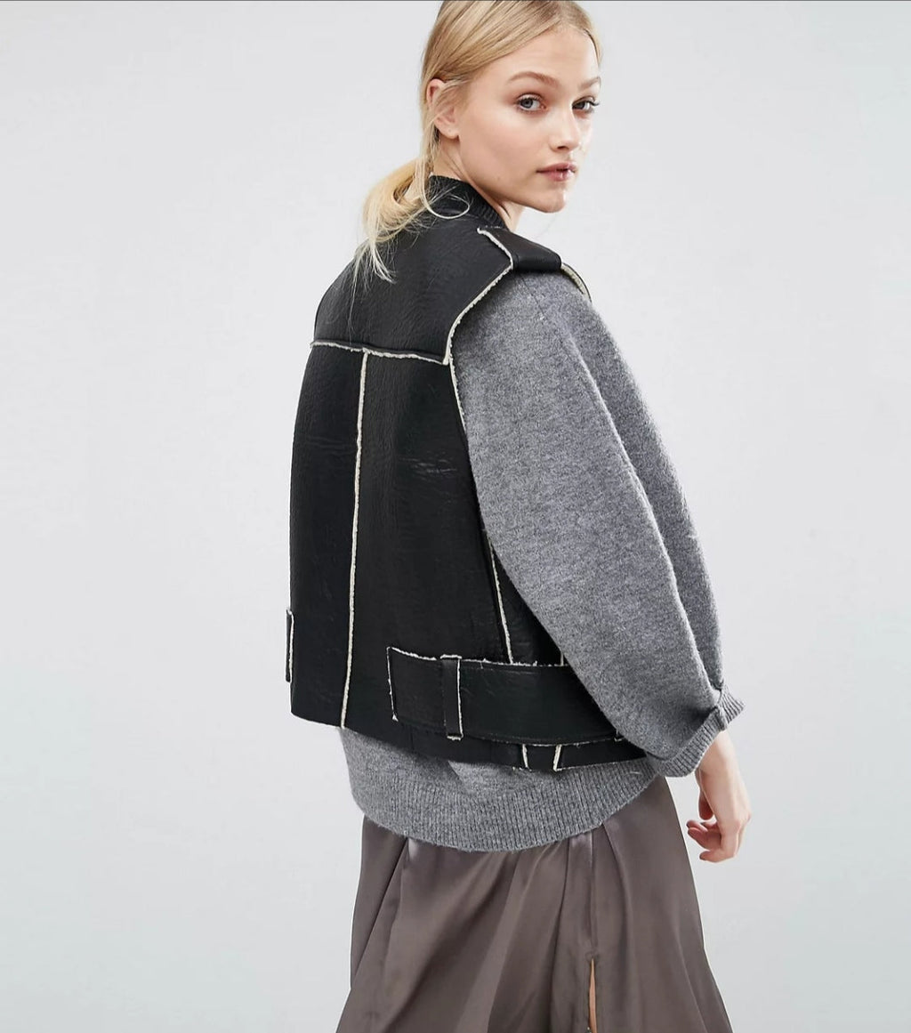 Black Shearling Leather Vest for Women