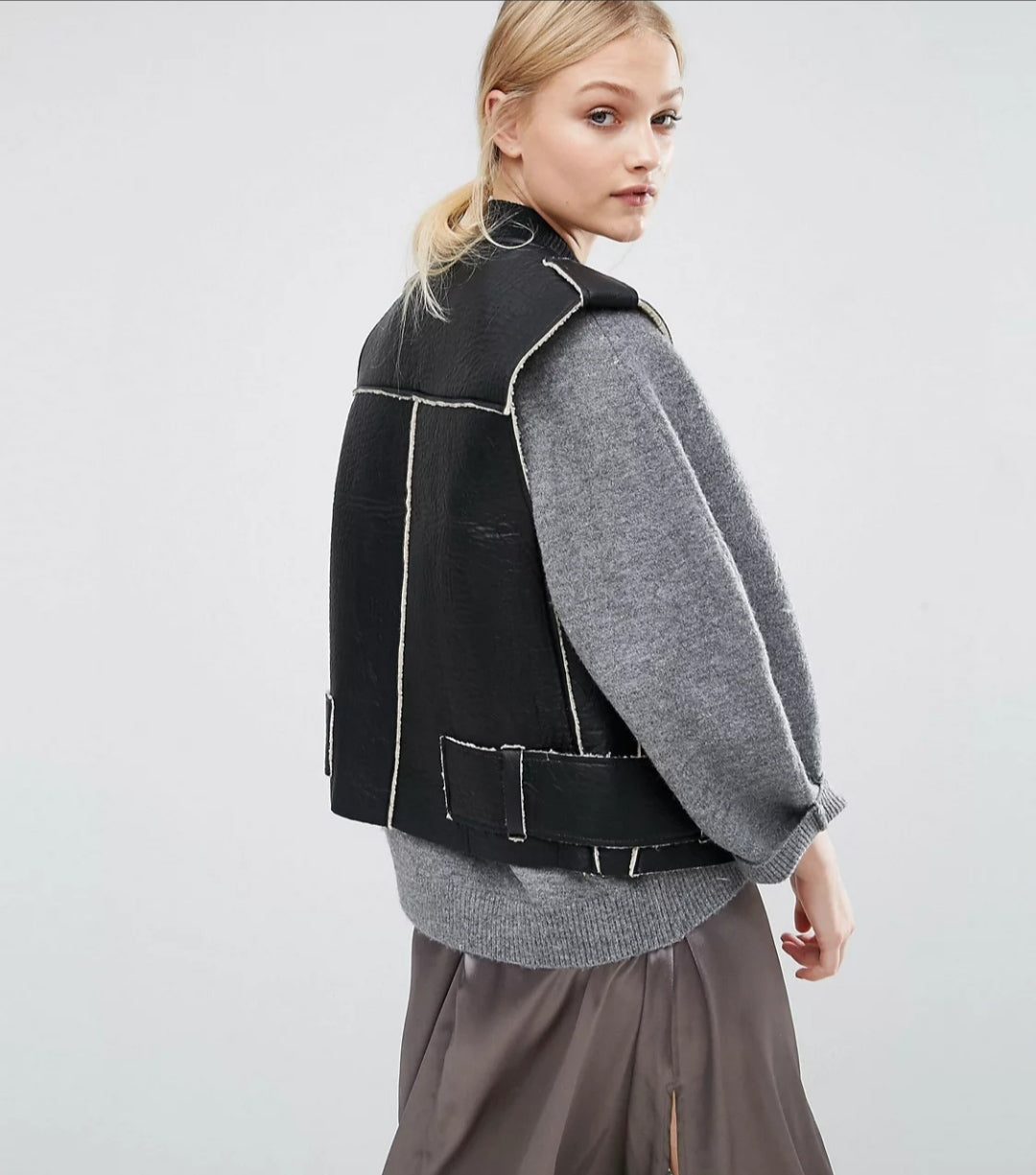 Black Shearling Leather Vest for Women