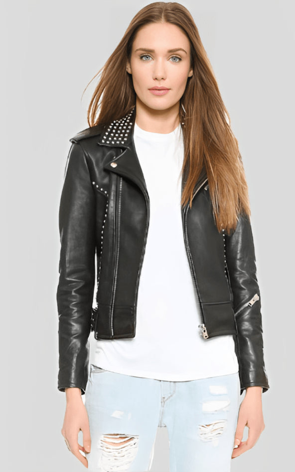 Rebel Chic Women's Black Studded Biker Leather Jacket