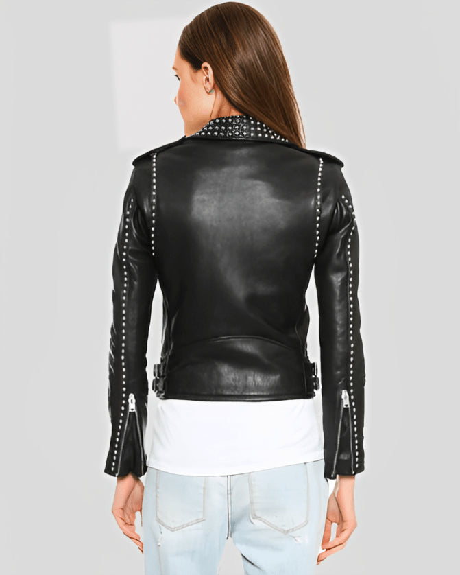 Rebel Chic Women's Black Studded Biker Leather Jacket