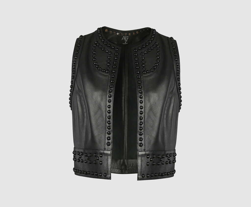 Black Studded Leather Vest for Women