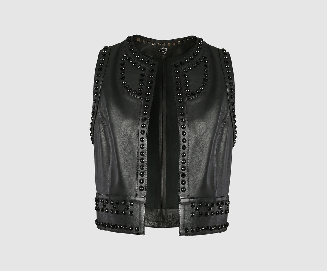 Black Studded Leather Vest for Women