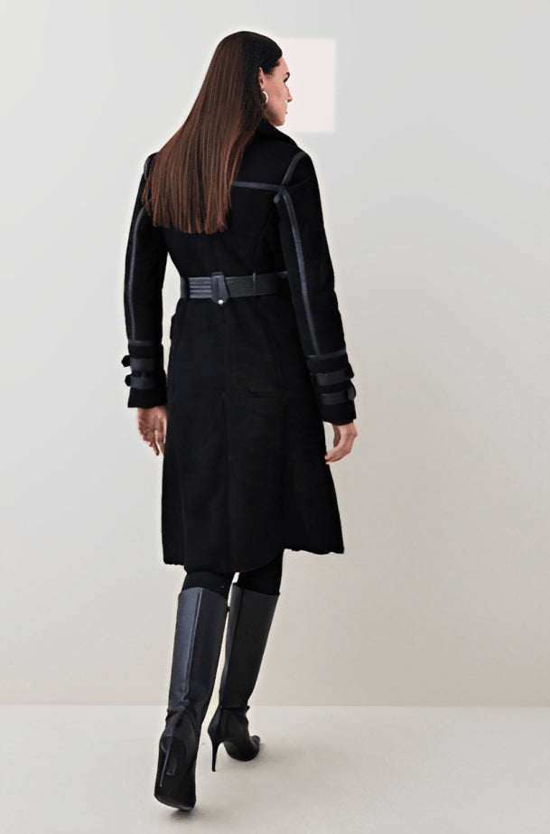 Women's Black Suede Shearling Leather Coat – Warm & Elegant