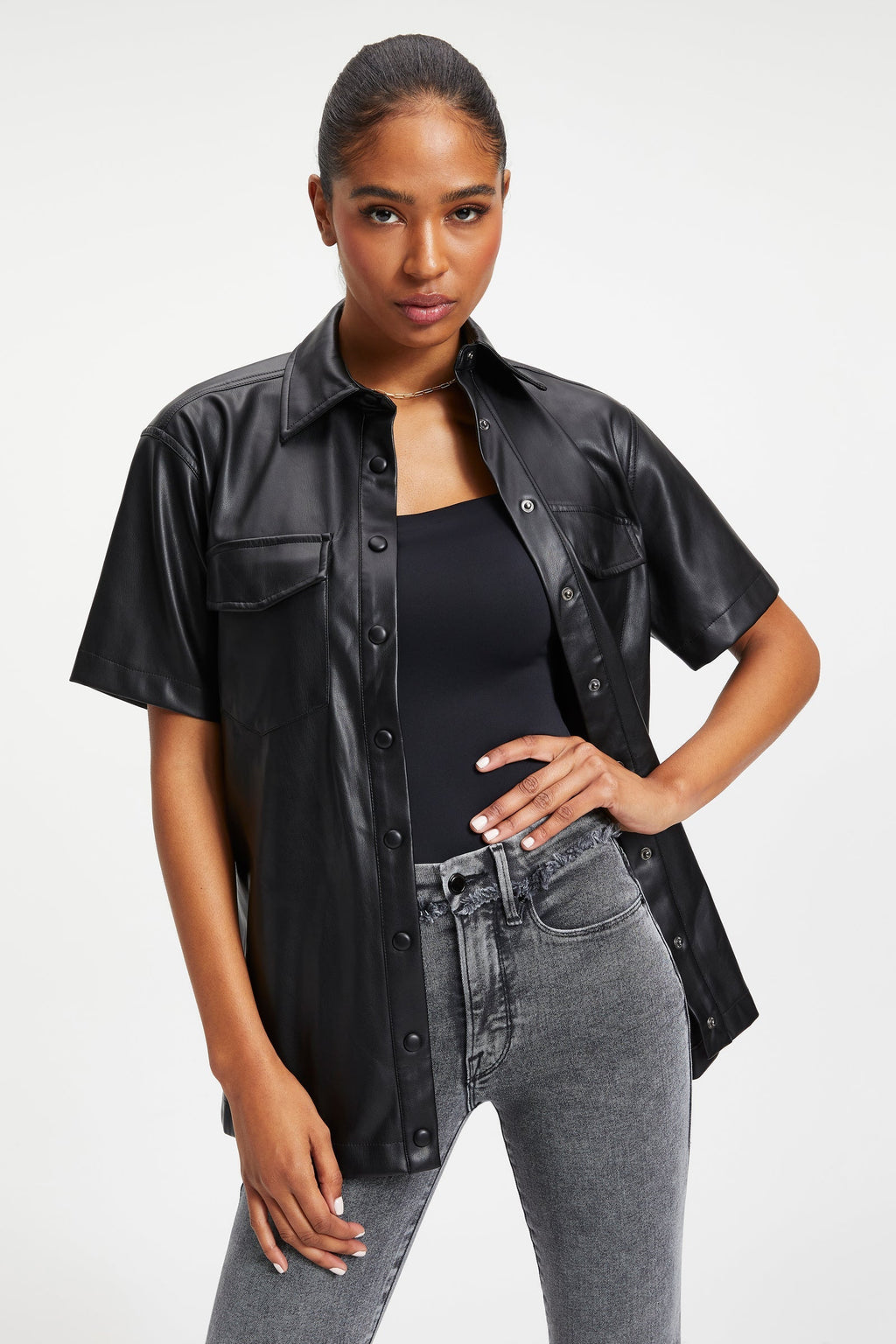 Women's Black Cropped Trucker Leather Shirt – Half Sleeve