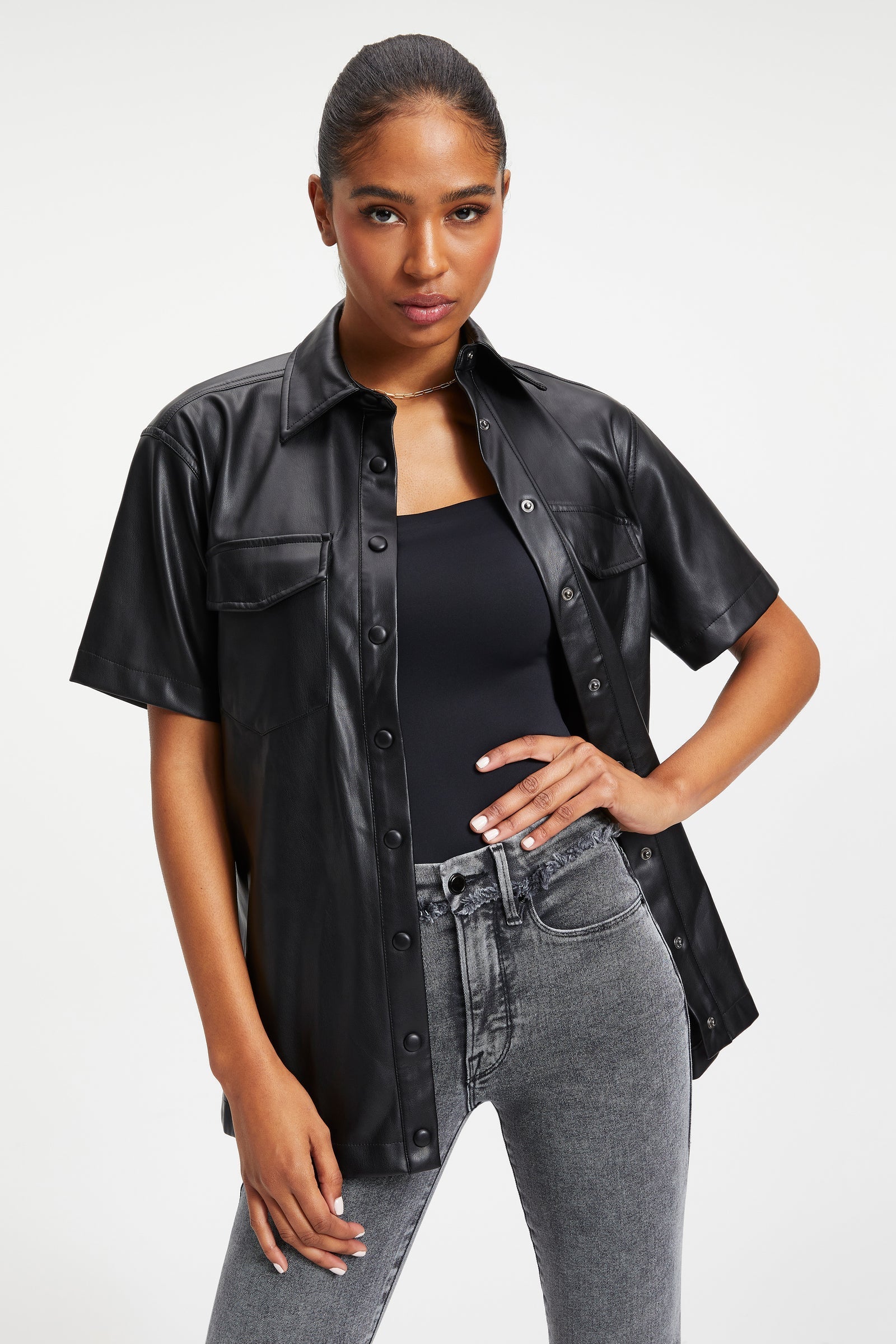 Women's Black Cropped Trucker Leather Shirt – Half Sleeve