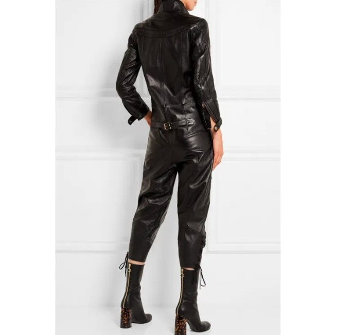 Women's Black Leather Bodycon Jumpsuit